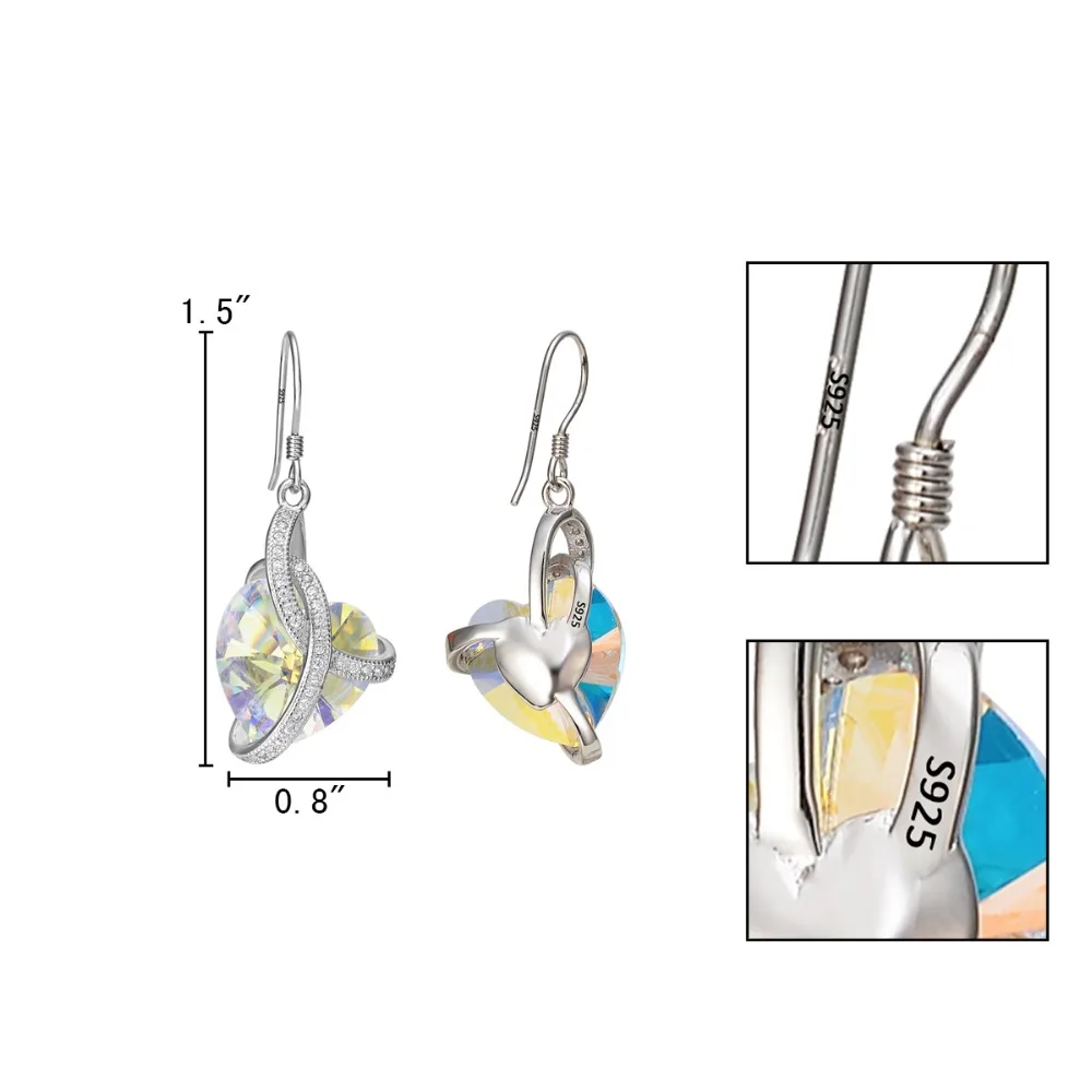 Tuliper 925 Sterling Silver Heart Earrings Hook Dangle Long Austrian Crystal For Women Party Jewelry Girl Gift | Украшения и
