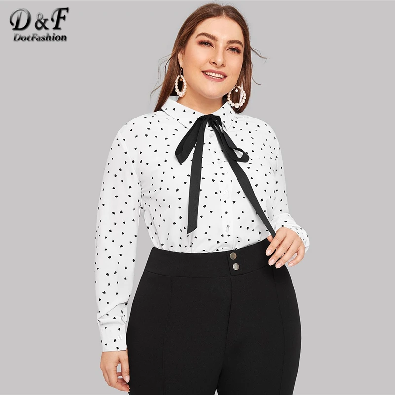 Dotfashion, блузка размера плюс с принтом в виде белого сердца, рубашка с завязкой на шее, весна, повседневная одежда с длинным рукавом, Женские топы и блузки