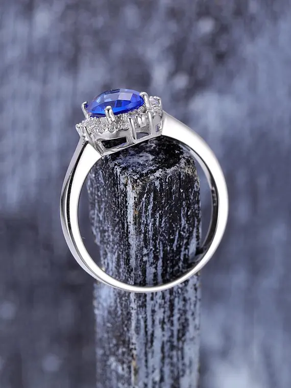 MYRAY Lab Created Blue Sapphire Wedding Ring 14k White Gold Baguette Cut Natural Diamond Halo Engagement Bridal Anniversary Gift | Украшения