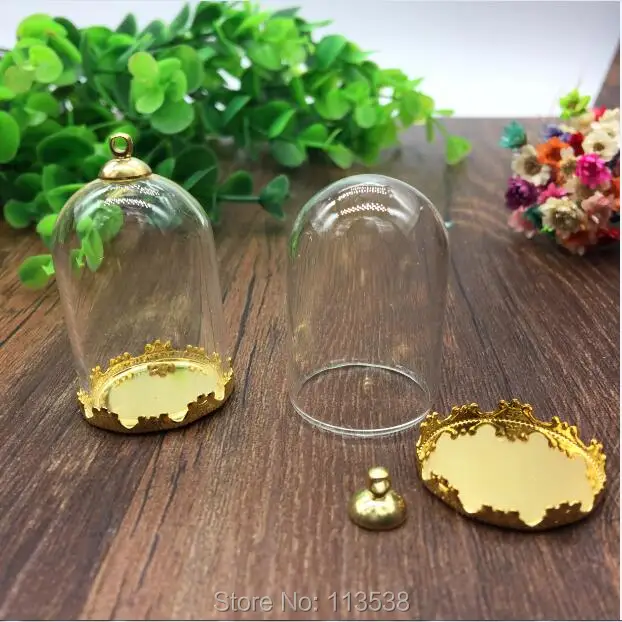 

10sets/lot 38*25mm tube glass globe gole color crown base with 8mm metal cap glass vial pendant fashion glass pendant glass dome
