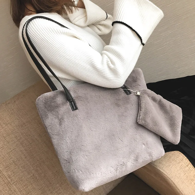 

Women's Tote Large Capacity Shoulder Bag Real Fur Rabbit Fur Leisure Bags for women 2018 Shoulder Tote Bolsa femininaNB175