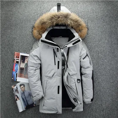 White Куртки для русской зимы-40, ветронепроницаемые, doudoune hiver homme для мужчин, пальто средней длины с меховым воротником, толстый мужской пуховик - Цвет: White