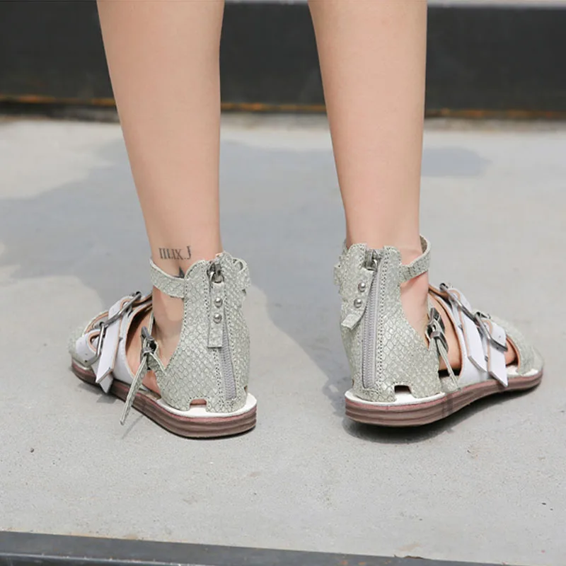 

Prova Perfetto genuine leather belt buckle patchwork gladiator sandals women summer shoes flat heel casual rome shoes women