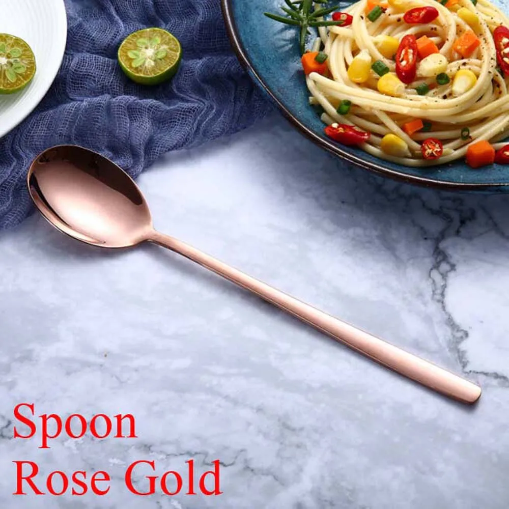 Spoon rose gold Посуда из нержавеющей стали цвета радуги ложка с длинной ручкой вилка Совок Мороженое Ложки для чая и кофе столовые приборы кухонные принадлежности - Цвет: Spoon rose gold