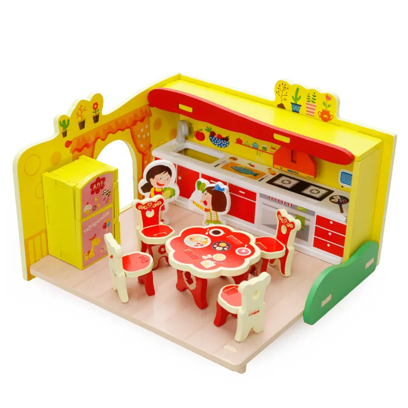

MWZ baby learning Wooden Blocks toys assembly furniture toy Kitchen living room sets Educational building block kids gifts toys