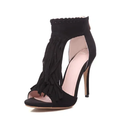 

Women Tassels Bohemia Ankles Strap High Heels Sandals Shoes Ladies Gladiator Peep Toe Summer Sandals Shoes Zip Weave Size 34-43