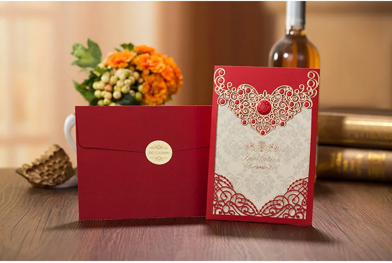 Свадебные приглашения роскошный золотой красный с цветами лазерной резки
