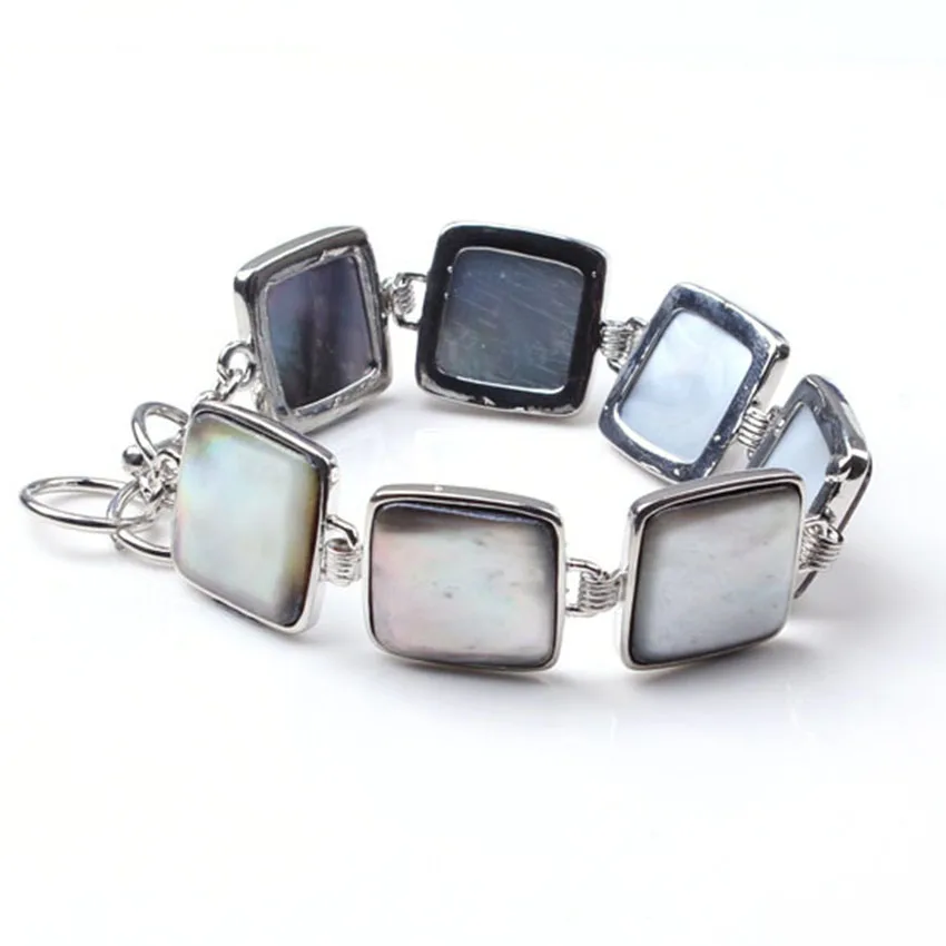 Trendy Silver plated natural black abalone shell square alloy bracelet Best For Gift | Bracelets