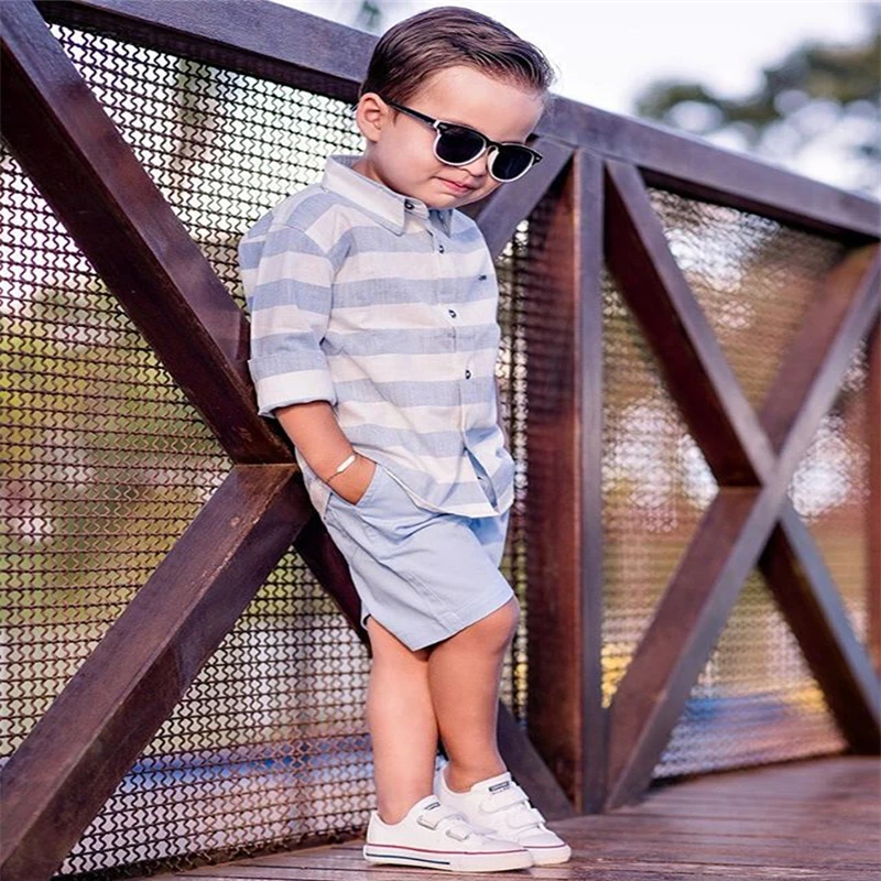 2019 Toddler Child Kids Baby Boy Clothes Set Blue Striped Gentleman Short Sleeve Summer Shirt Shorts Wedding Party Suit 2PCs |