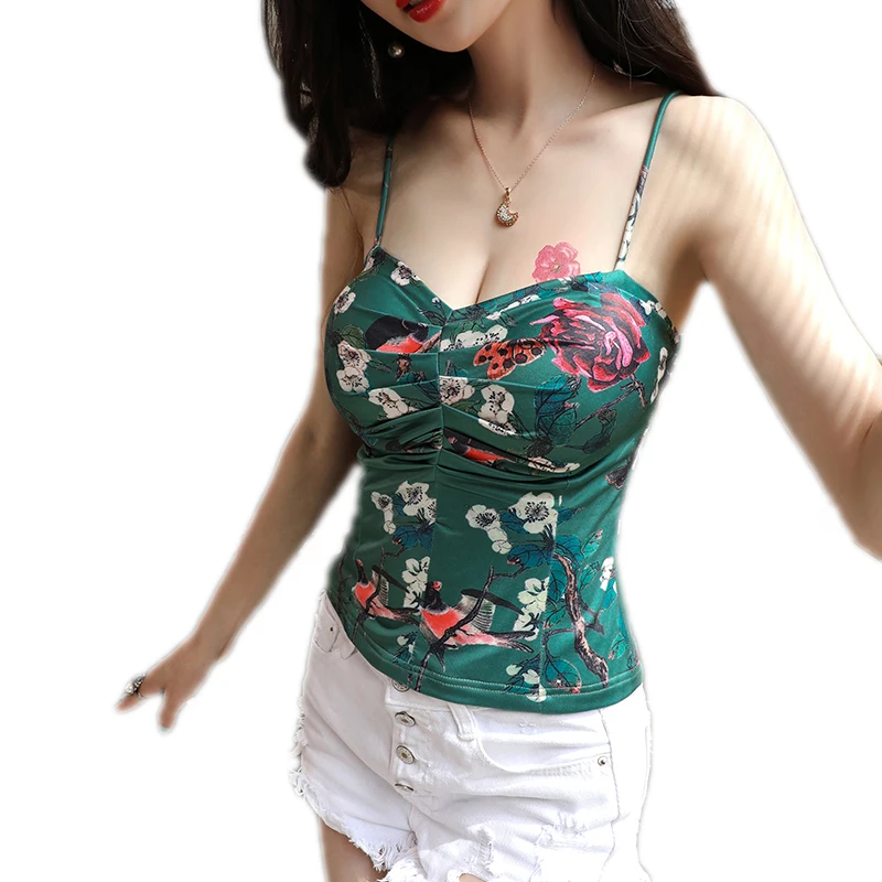 Женский укороченный топ с цветочным принтом на бретельках бюстгальтер