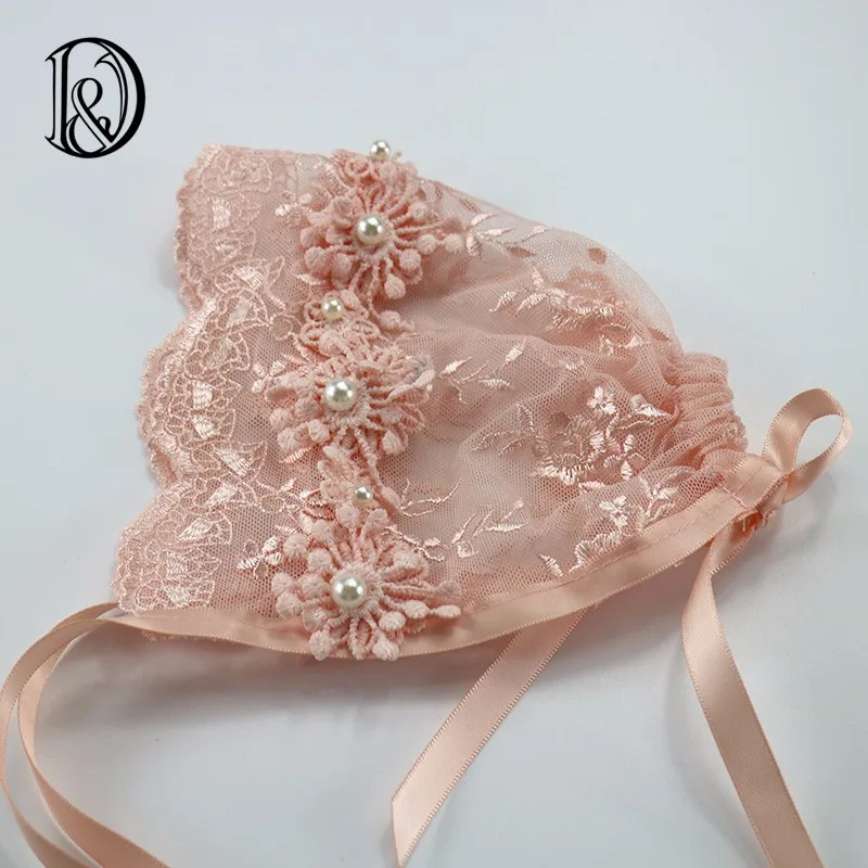 BF603 Pink Кружевной капор ручной работы для маленьких девочек с жемчужным цветком, винтажный стиль, шапка, реквизит для детской фотосъемки, подарок для ребенка - Цвет: BF603 Pink
