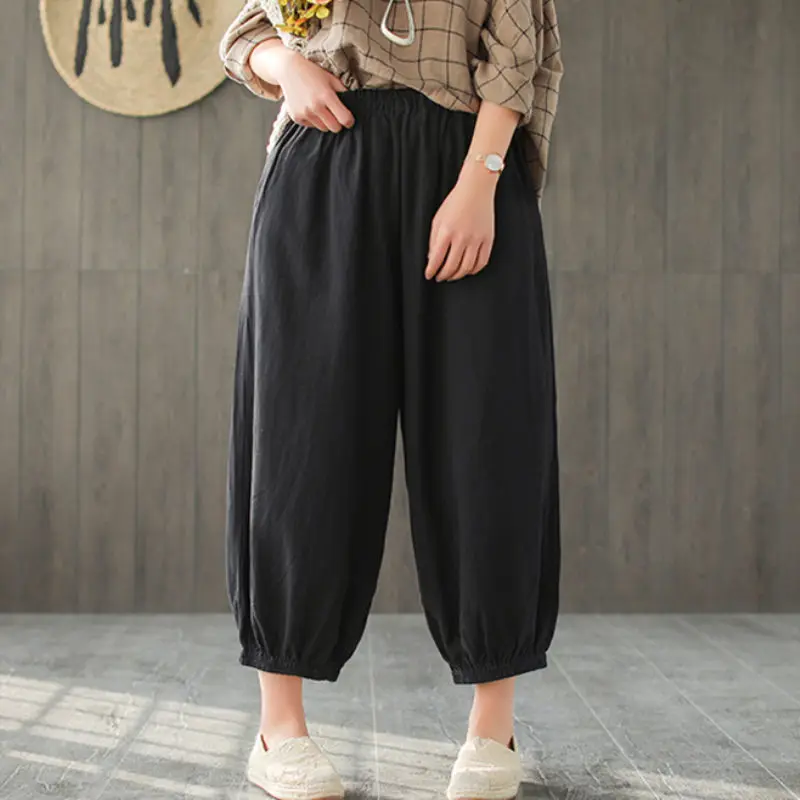 Новинка 2019 льняные однотонные свободные штаны с эластичной резинкой на талии