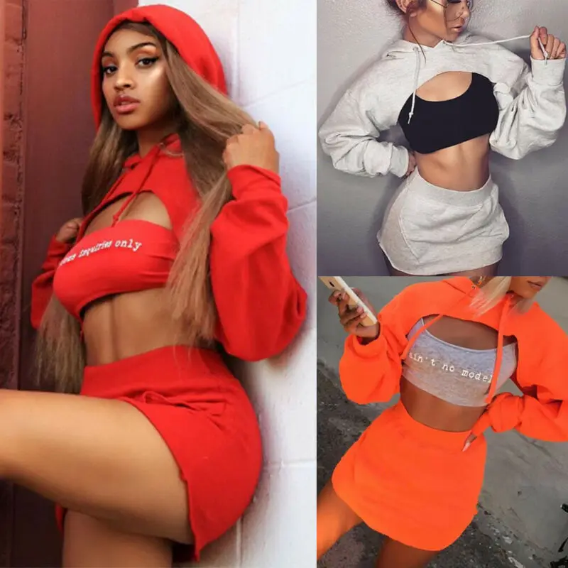 Мода леди 2 шт Bodycon Мини юбка с капюшоном кроп топы костюм Повседневная Клубная