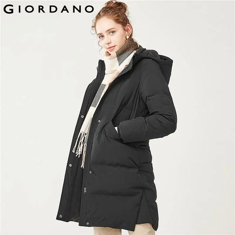 Giordano женский пуховик с длинным подолом,из натурального утиного пуха, со съёмным капюшоном, выполнен в двух цветовых вариантах