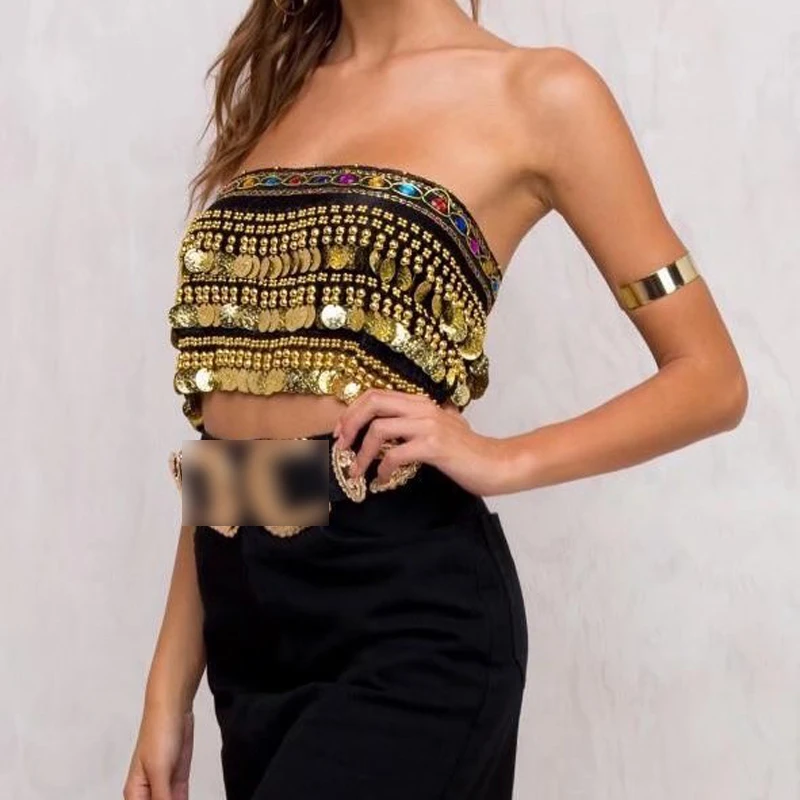 Пикантные кисточкой Tube Топы Для женщин блестками Яркий Топ женский итальянский