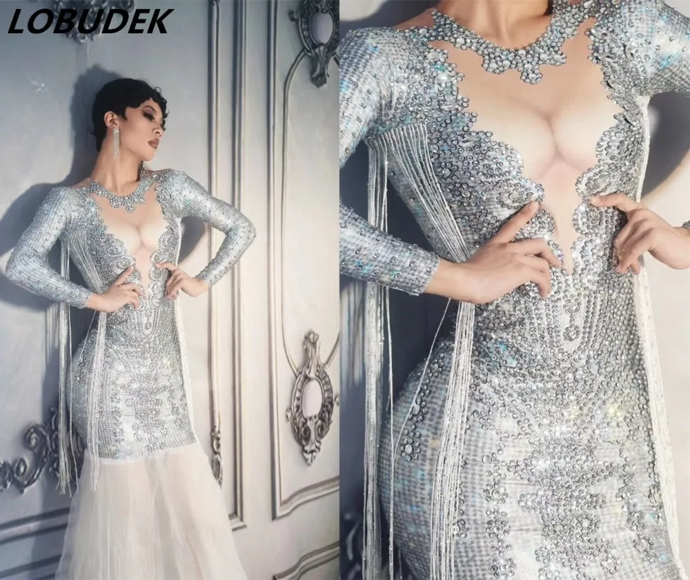 

2019 Autumn Women Dresses Glisten Silver Rhinestones Fringe Voile Trailing Dress Birthday Celebration Catwalk Stage Costume