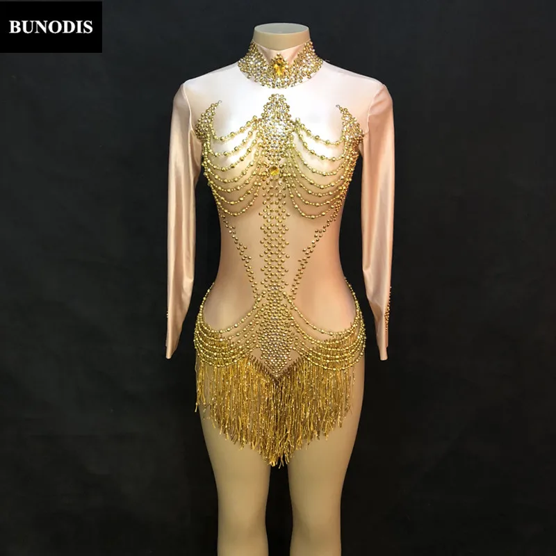 ZD378 Women Sexy Skin Color Bodysuit  Gold Tassel Sparkling Crystals Jumpsuit Nightclub Party Stage Wear Dancer Singer Costumes