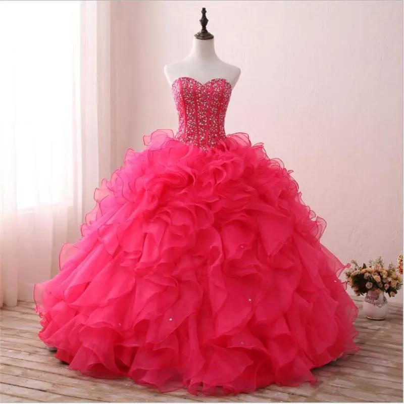 

Hot Pink Ball Gown Prom Dresses 2023 New Ruffles Floor Length Sleeveless Beading Formal quinceanera Gowns Bridal
