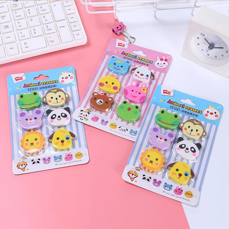 6pcs/lot Animal Head Eraser Cartoon Zoo Primary School Supplies Korean Stationery Cute Children Prize Rubber | Канцтовары для офиса