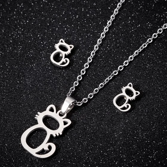 Steel Cat Set Yiustar оригами hello kitty ожерелья из нержавеющей стали для женщин ювелирные изделия много милый сидя мультфильм кошка кулон Чокеры подарки для детей - Окраска металла: Steel Cat Set