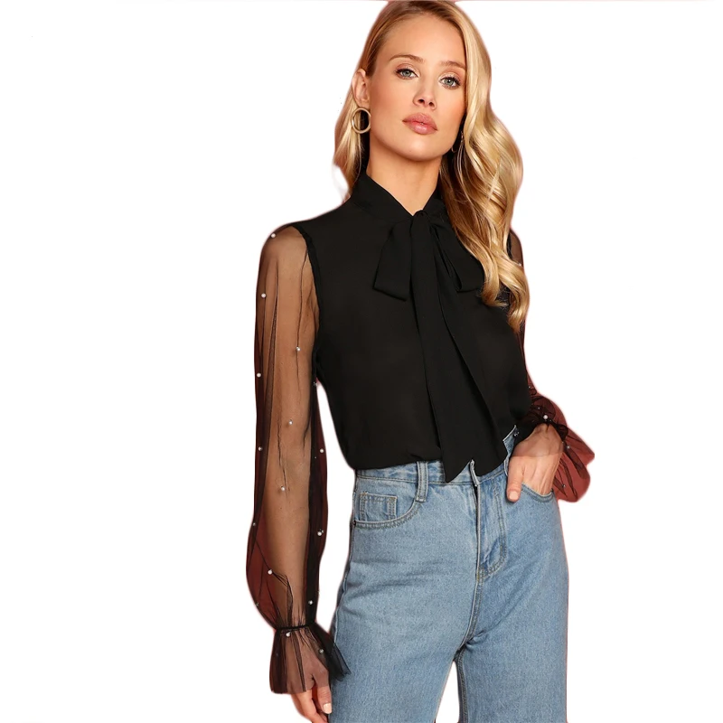 SHEIN Black Tie Neck Pearl Beading Mesh Sleeve Top Elegant Workwear Long Sleeve Plain Blouses Autumn Women Tops And Blouses