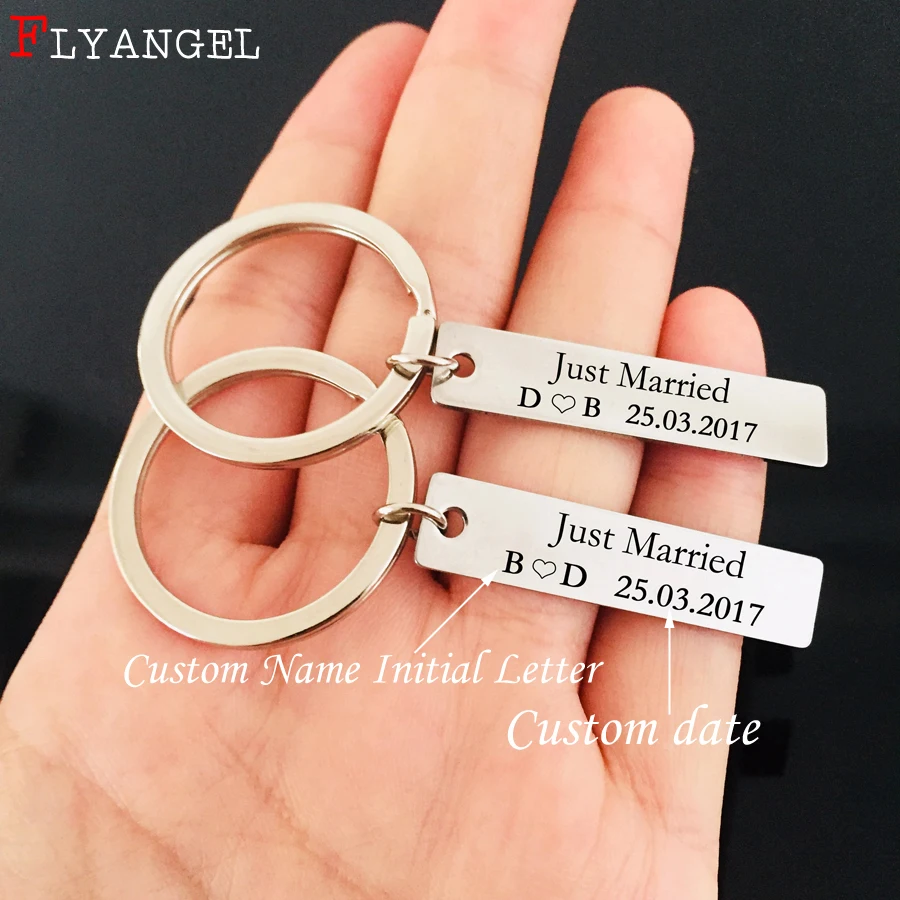 2PC Customized Date Engraved Name Initial Letter Just Married Stainless Keyring For Couples Wedding Anniversary Gifts Keychain |