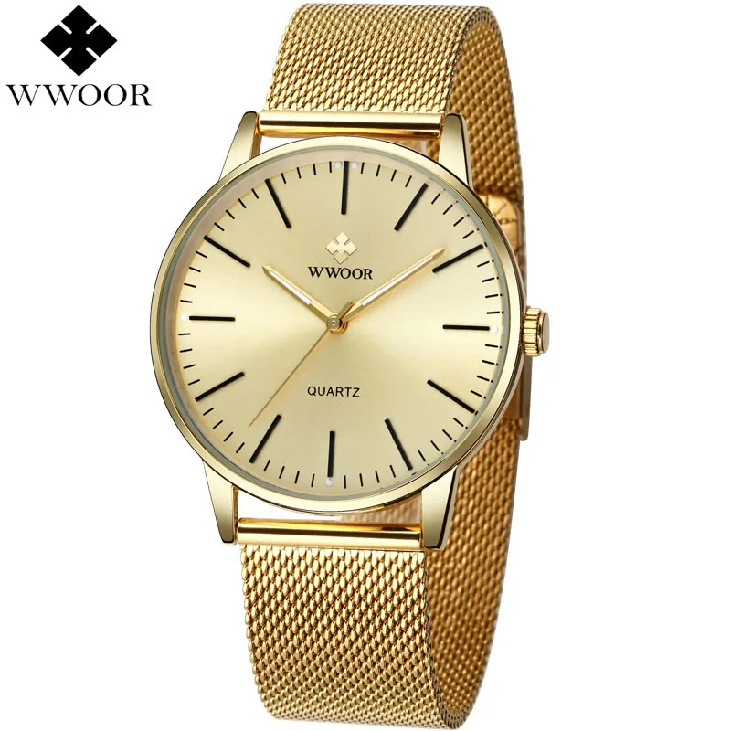 WWOOR мужские тонкие кварцевые простые часы золотые стальные сетчатые ультра