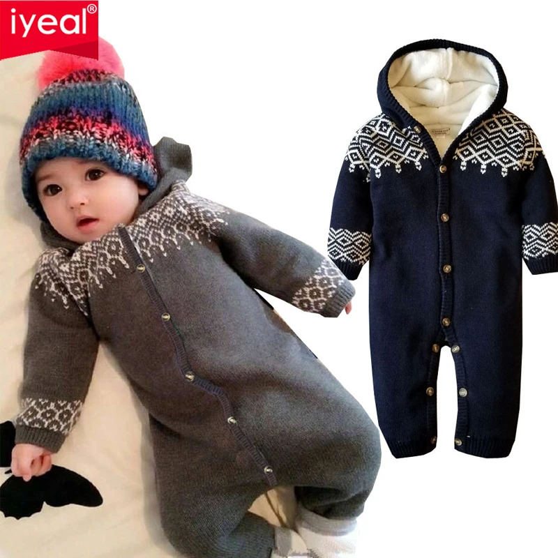 

IYEAL Baby Rompers Winter Thick Climbing Clothes Newborn Boys Girls Warm Romper Knitted Sweater Christmas Hooded Outwear 0-18M
