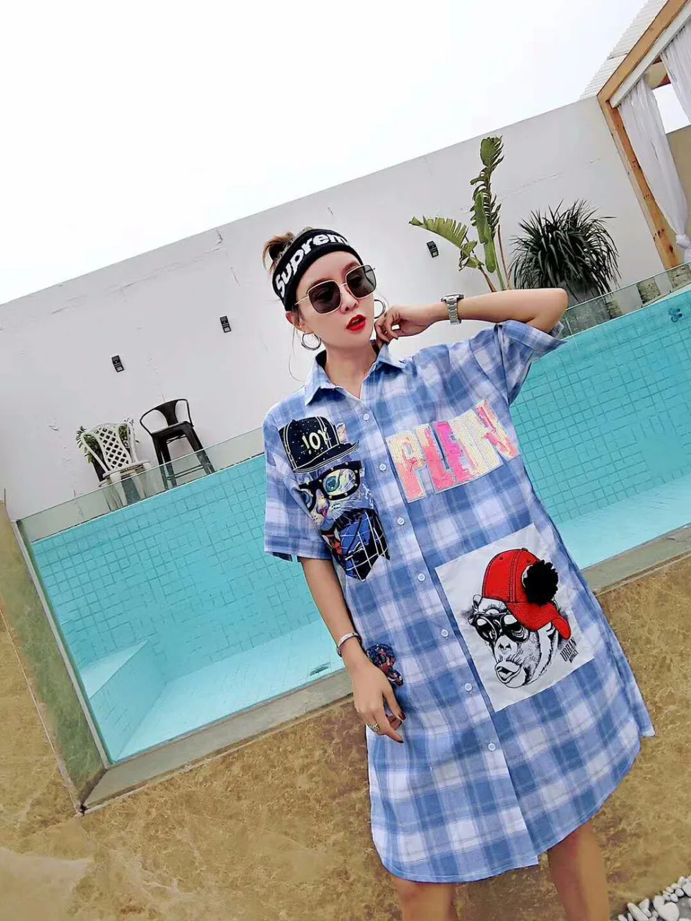 Дамы Плюс Размеры отложным воротником рубашка с платье Street Wear мультфильм