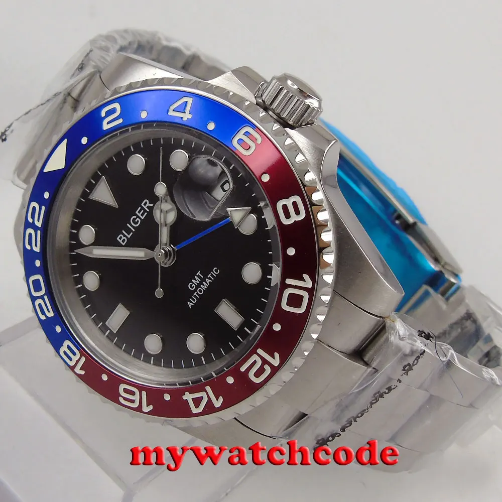 

40mm Bliger black dial luminous GMT date sapphire glass automatic mens watch 175