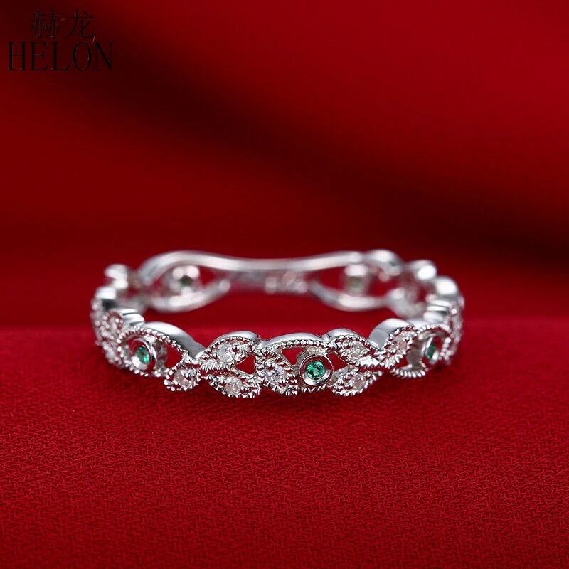 HELON Solid 14K(AU585) белое золото 0.2CT натуральные бриллианты изумруд тонкой свадьбы юбилей кольцо женские модные праздничные ювелирные изделия
