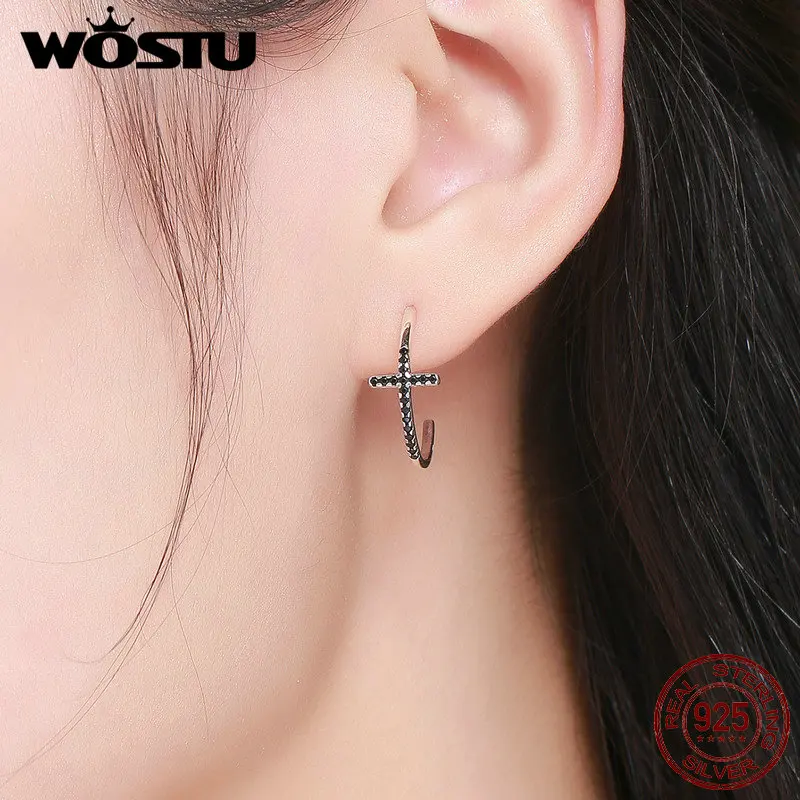 WOSTU, европейские, 925 пробы, серебряные, классические, крест, черные CZ серьги-гвоздики для женщин, Стерлинговое серебро, ювелирные изделия, Brincos FIE262