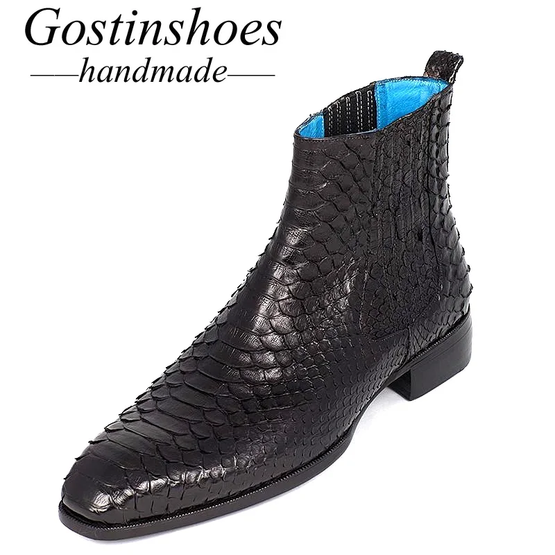 Черный GOSTINSHOES/роскошная мужская обувь ручной работы Goodyear мужские ботинки черного цвета из Натуральной Змеиной кожи безопасные рабочие ботильоны слипоны SCF30 - Цвет: Черный