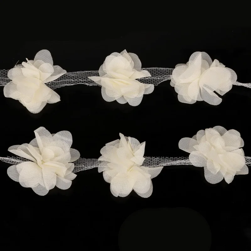 Ivory 1 ярд = 12 шт. цветы 3D шифон кластер цветы кружево платье украшение кружевная ткань аппликация отделка Швейные принадлежности - Цвет: Ivory