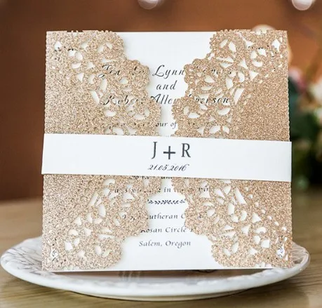 Роскошный блеск розовое золото свадебные Приглашения лазерная резка цветок ужин