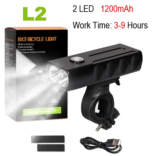 L2 3 hours 2 LED Велосипедный светильник NEWBOLER, 5200 мА/ч, комплект, T6 L2, вспышка, светильник для велосипеда, 2400 люмен, светодиодный фонарь, USB, головной светильник, кронштейн, велосипедная лампа Fornt - Цвет: L2 3 hours 2 LED