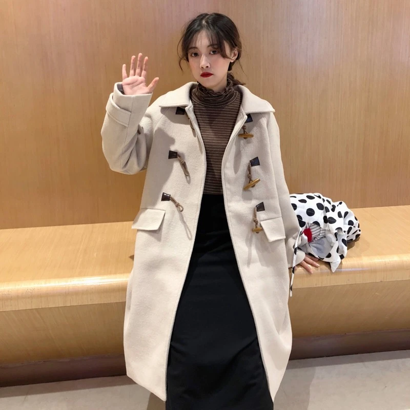 Женское шерстяное пальто manteau femme повседневное длинное с роговыми пуговицами на