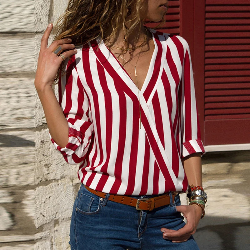 2019 женская летняя Модная Повседневная шифоновая рубашка в полоску с v-образным