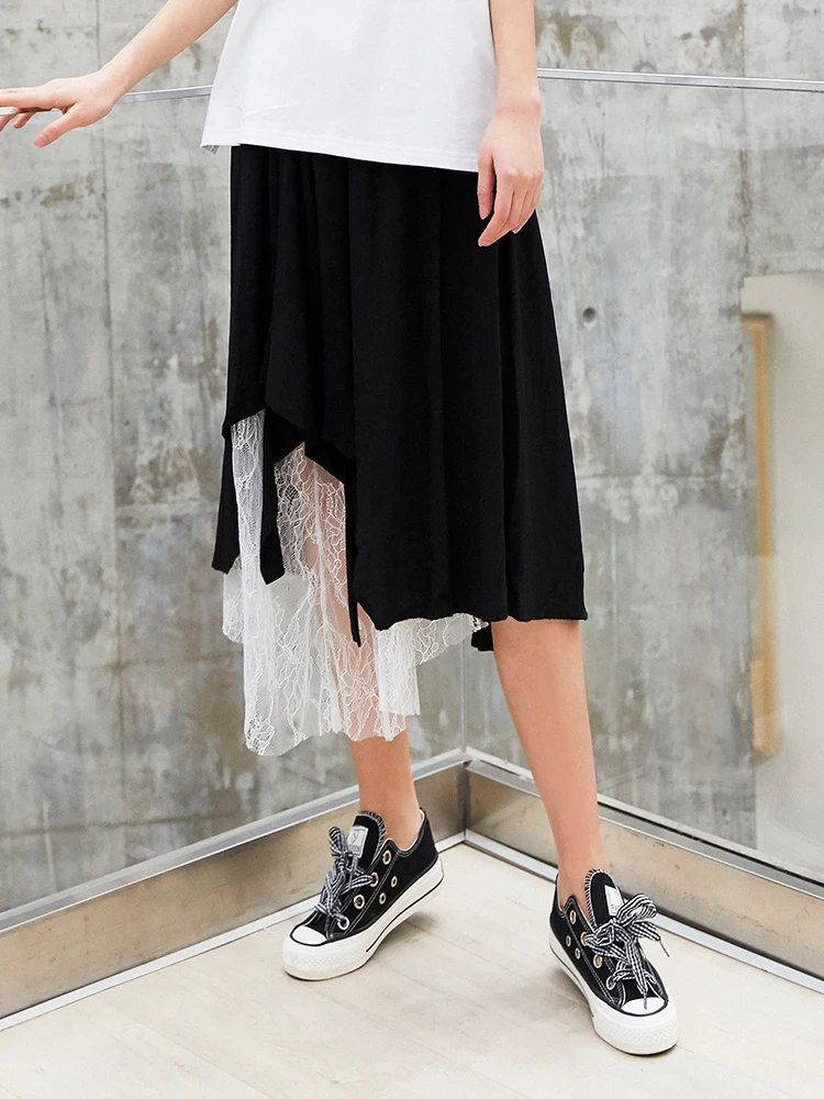 AOLI Women Long Skirt Black White Splice Elastic Plus Size Lace High Waist Irregular Hem Pleated Female Midi DBQ909017 | Женская одежда
