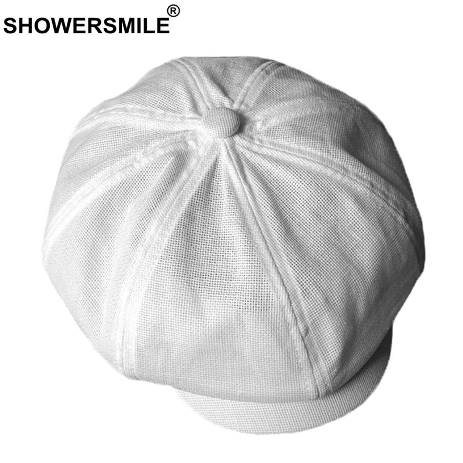 SHOWERSMILE Мужская газетная Кепка s белый льняной берет Мужская дышащая одноцветная восьмиугольная шляпа летняя тонкая Высококачественная Кепка Ivy Gatsby