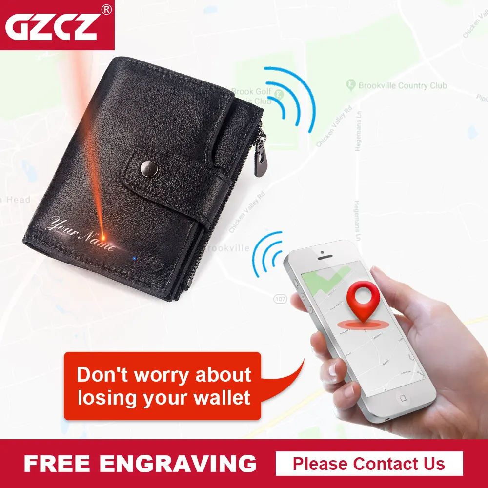 GZCZ, Умный кошелек, Rfid, натуральная кожа, с сигнализацией, gps, карта, Bluetooth, сигнализация, мужской кошелек, мужской кошелек, сумка для денег, держатель для карт, гравировка