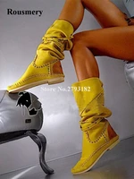 women winter yellow white suede leather flat rivet knee high boots loose long spike flat boots real pictures