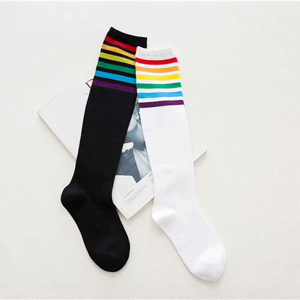 Fashion 1Pair thigh high socks over the knee rainbow stripes black white cotton tube women's pile 05* | Женская одежда