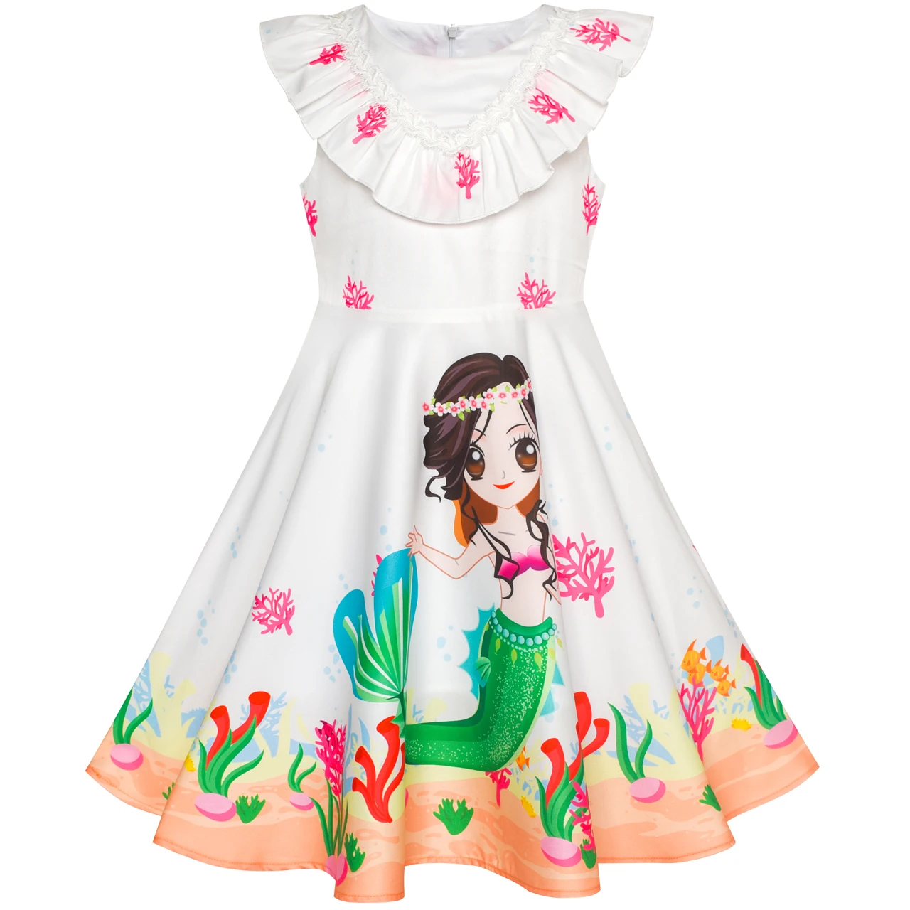 Sunny Fashion платья для девочек Русалка Мультфильм Принцесса рябить Воротник
