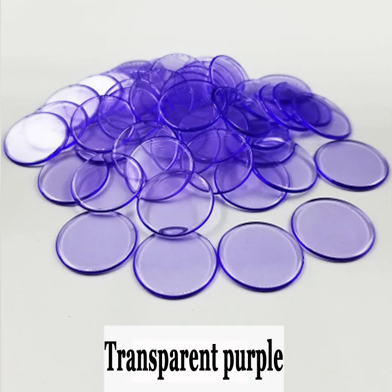 Transparent Purple 100 шт 19 мм фишки для бинго, маркеры для игры в бинго, пластиковые карты для классных детских и карнавальных игр в бинго - Цвет: Transparent Purple