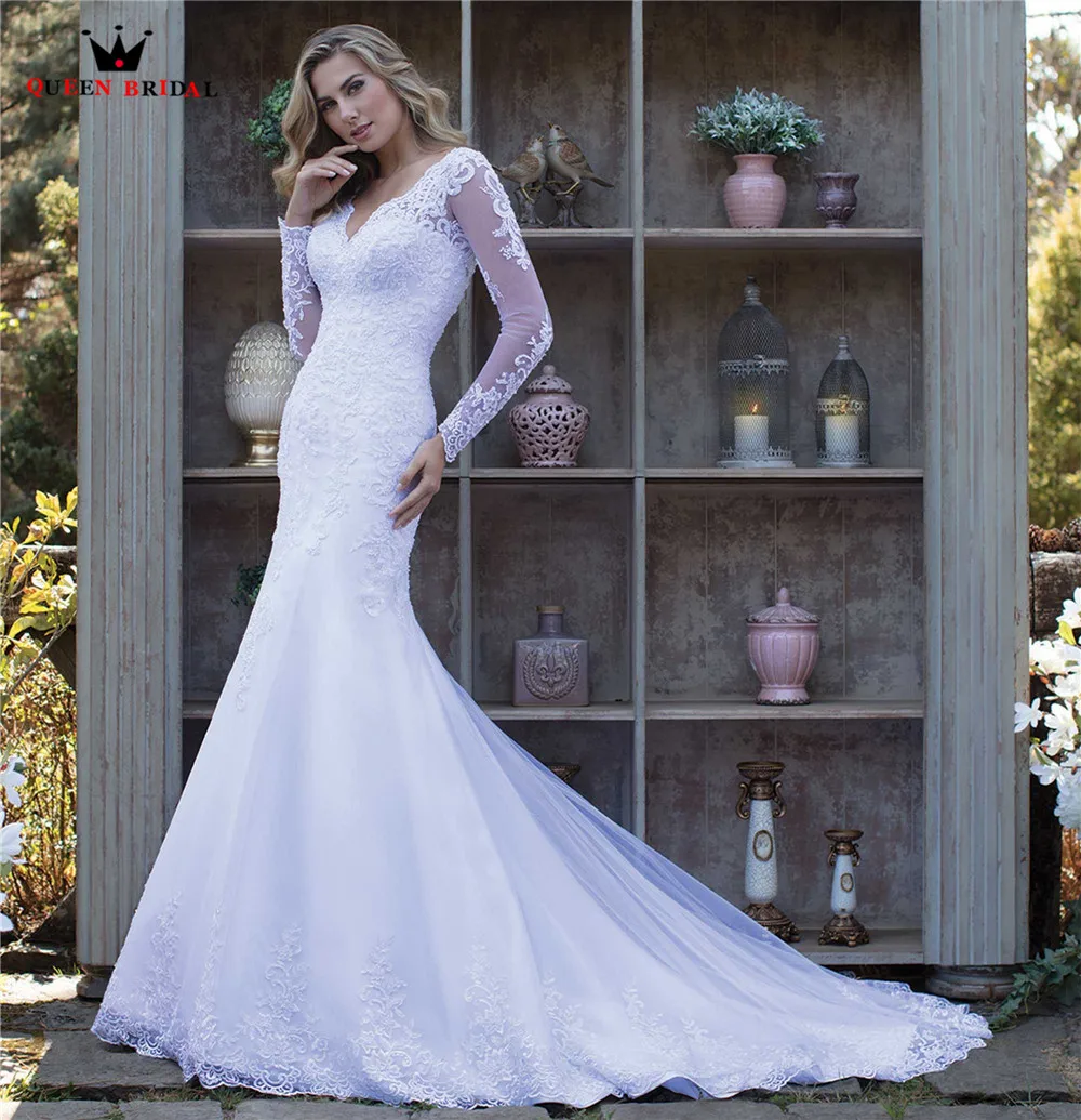 

Custom Made Mermaid Long Sleeve Tulle Lace Appliques Pearls Sexy Formal Elegant Wedding Dresses Vestido de Noiva 2021 WH63