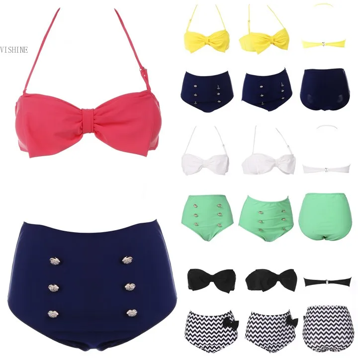 2015 Summer Beach Bikini high waisted Sleeveless Halter Set Push Up Swimwear Yellow/Watermelon Red 18 |