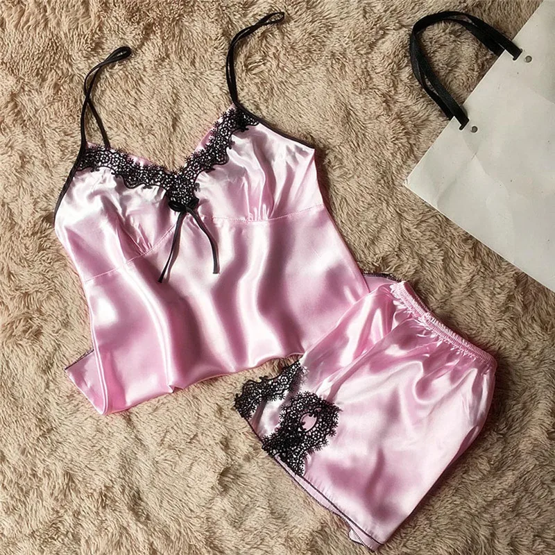Women Sleepwear Sleeveless Strap Nightwear Lace Trim Satin Cami Top Pajama Sets Pijama Feminino Pijamas Para Mulheres Z1 | Женская