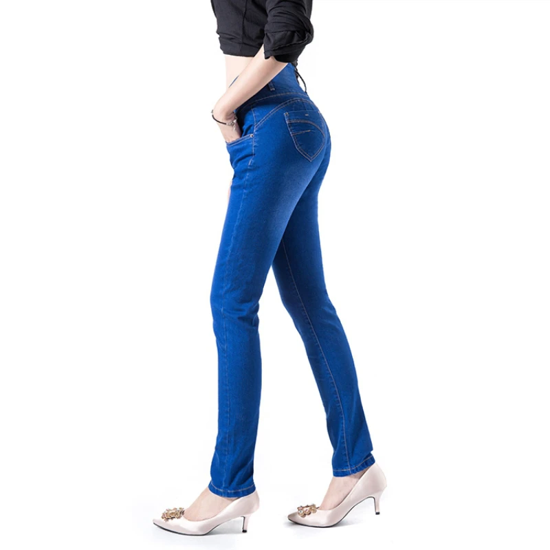 Autumn femme slim straight high waist cotton stretch plus size ladies blue skinny jeans |