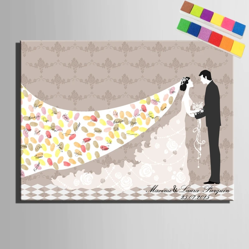 DIY отпечаток пальца Подпись Холст Картина Длинная фата для невесты свадебный